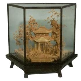 Chinese cork carving / sculpture / picture - hand carved, black lacquer frame (#212)