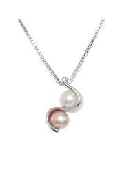 Sterling Silver Pink & White Genuine Freshwater Pearl Pendant +16" Silver Chain