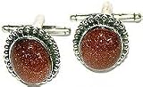 Set of Cufflinks Pair in Sterling Silver & Sunstone Gemstone Handmade In India (cflng069b)