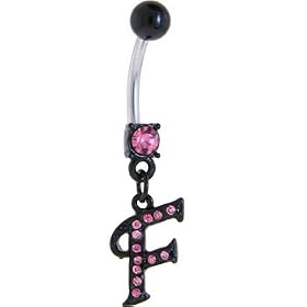 Black Anodized PINK Jeweled Initial Belly Ring-LETTER "F" by 