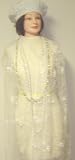 Js15, Hand Crocheted White Chenille and Gimp Tweed Beret Offered in Combination with White Fancy Silk Scarf with Three Layers of Pearl Long Necklace for Women and Teens