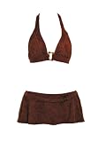 W Swim Brown Faux Suede 2 Pc Bikini w/ Halter Top & Skirted Bottom (S)