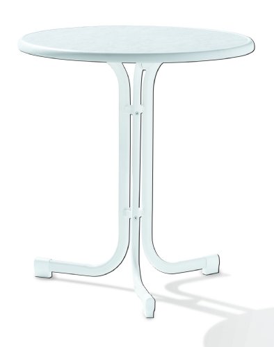 SIEGER 108/W Boulevard-Klapptisch, ø 70 cm, Stahlrohrgestell weiß, Mecalit-Pro-Tischplatte Marmordekor weiß, Tischhöhe ca. 72 cm