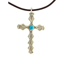By Navajo Artist: Annie Lincoln: Beautiful! Sterling-silver Navajo Turquoise Cross Genuine Leather Rope Pendant-necklaces