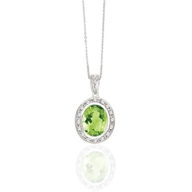 SPARKLING 2.30 CT OVAL BEZEL SET PERIDOT AND DIAMOND 14K WHITE GOLD PENDANT
