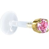 16 Gauge 5/16 Inches Solid 14KT Yellow Gold 3mm Pink Cubic Zirconia Bioplast Tragus Earring Stud