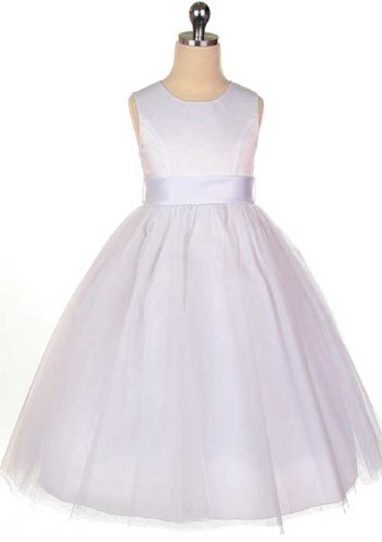 New Satin & Tulle Flower Girl Dress (Ivory or White with Alternate Satin Waist Sash Colors) 2 to 12 Girls