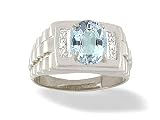 14K White Gold Genuine Oval Aquamarine and Diamond Men's Ring
