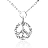14K White Gold Peace Sign Diamond Pendant w/ Necklace