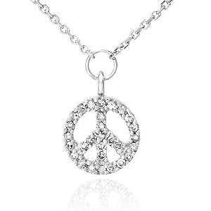 14K White Gold Peace Sign Diamond Pendant w/ Necklace