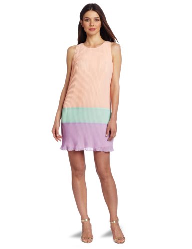 Donna Morgan Women's Sleeveless Side Pleated Color Blocked Sheath Dress, Sherbert/Seafoam/Lilac, 4