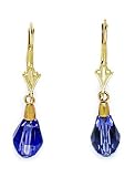 14k Yellow Gold Tanzanite 9x6mm Swarovski Crystal Pear Drop Leverback Earrings - Measures 29x6mm