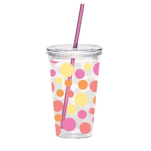 Boston Warehouse 77763 16-Ounce Insulated Tumbler with Straw, Scatter Dots Design