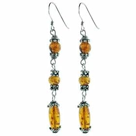 Sterling Silver Bali bead Genuine Amber Stone Dangle Earrings by Amber earrings
