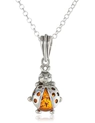 Sterling Silver Honey Amber Ladybug Pendant Necklace on Italian Rolo Chain, 18"