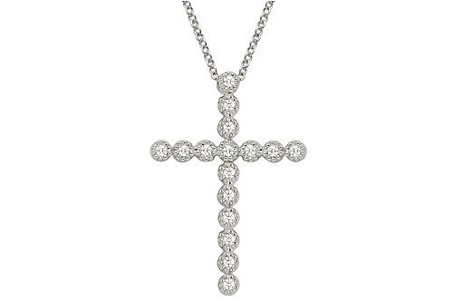 14K White Gold Cross Pendant Enhanced with Filigree Bezel Set Diamonds, Sliding on a 16 Cable-Chain Necklace.