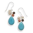 French Wire Earrings with Turquoise, Smoky Quartz, Coral and Cultured Freshwater Pearl Drop