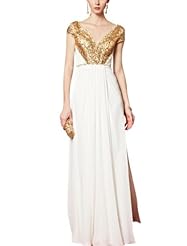 A-line V-neck Cap Sleeves Short Sleeves Chiffon Cocktail Floor Length Beaded Backless Evening Dress/Homecoming Dress/Pageant Dress/Prom Dress/Party Dress/Wedding Dress 