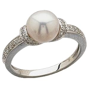 14Kt White Gold Fresh Water White Cultured Pearl And Diamond Ring