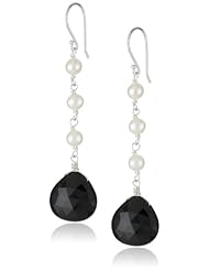Sterling Silver Black Onyx Pear with Linked White Freshwater Cultured Pearls Long Drop Earrings