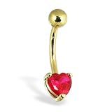 14K solid yellow gold belly button ring with pronged red heart