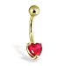 14K solid yellow gold belly button ring with pronged red heart