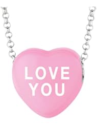Sterling Silver 14mm Dk Pink enamel Sweethearts LOVE YOU Heart Pendant