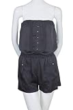Sole Mio Strapless Satin Tuxedo Pleated Gold Button Romper Jumper Shorts Black