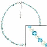 Sterling Silver Genuine Freshwater Cultured White Pearl and Genuine Light Blue Swarovski Crystal Necklace