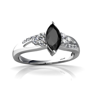 14K White Gold Marquise Genuine Black Onyx Antique Style Ring Size 4