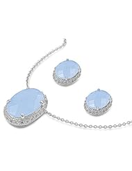 Sterling Silver Oval Design Aquamarine Pendant Necklace and Earrings Jewelry Set with Clear CZ