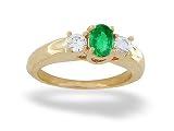 14K Yellow Gold Genuine Oval Emerald and Diamond 3-Stone Ring