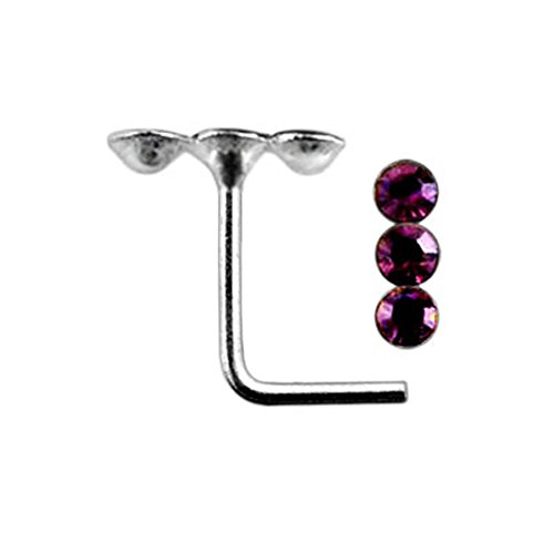 Triple Round Gemstone Top 22 Gauge Silver L Shape - L Bend Nose Stud Nose Pin
