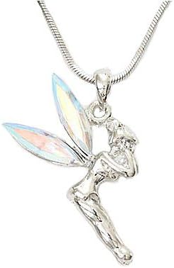Clear Stone Tinkerbell Charm Pendant Necklace / Color: Aqua / Rhodium Plated / 17" Snake Chain