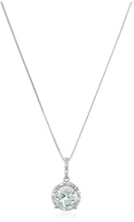 10k White Gold Round Aquamarine and Diamond Pendant Necklace, 18"