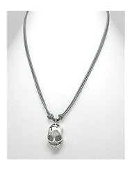 Gray Skull Leather Necklace In 92.5 Sterling Silver
