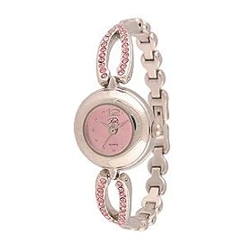 Pave Padies Watch Bracelet Style, Silver Tone, Round Pink Dial Set with Genuine Pink Swarovski Crystals
