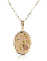 14k Yellow Gold Filled Flower Oval Locket with Diamond-Accent, 18"