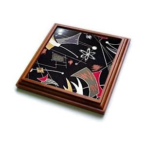 Retro 50s Atomic Print Pink Tan Olive Purple White on Black - 8x8 Trivet With 6x6 Ceramic Tile by 