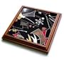 Retro 50s Atomic Print Pink Tan Olive Purple White on Black - 8x8 Trivet With 6x6 Ceramic Tile