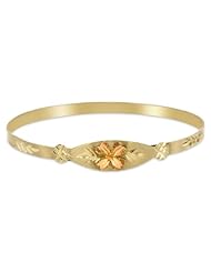 Children / Teen 14K Yellow Gold Flexible Bangle with a Rose Gold Flower Design 6.6mm Wide