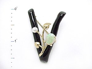 Black Coral Pin with Opal in 14K Yellow Gold