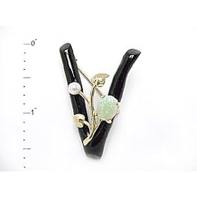 Black Coral Pin with Opal in 14K Yellow Gold by Maui Divers of Hawaii