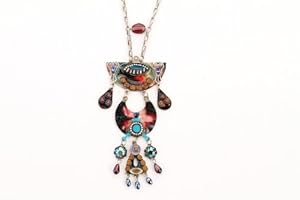 Adaya Exotic Style Necklace Set with Hand Painted Enameled Stacked Links Crafted with Alpaca, Colorful Beads and Sparkling Swarovski Crystals; Designed by Israeli Artist Maya Rayten