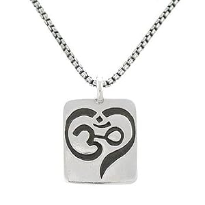 Rectangular Om (Aum) and Heart Design Pendant in Sterling Silver on an 18" Oxidized Round Box Chain, #7789