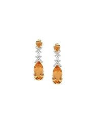 18K Yellow Gold - Genuine Precious Topaz And Diamond Earrings