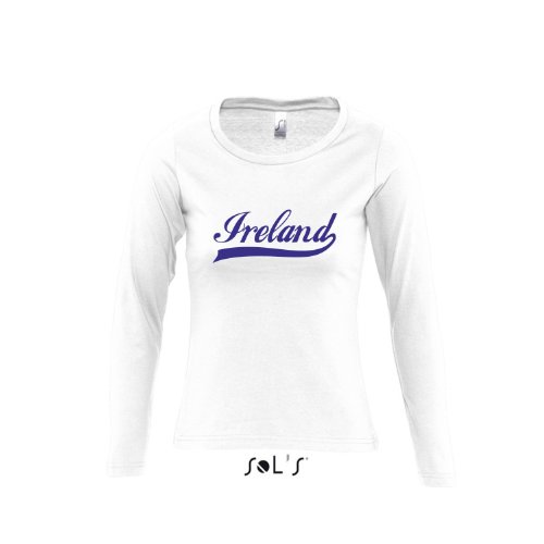 Irland Oldschool Ireland LÄNDERSHIRT EM / WM FAN Trikot – Damen Langarm Longsleeve T-Shirt S-XL , White – blau , L
