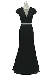 V-neck Natural   Waistline Lace Chiffon Floor Length Mermaid Cap Sleeves Prom Dress 