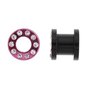 Black Acrylic Screw on Plugs with Clear CZ on Pink Background - 2G - Sold as a Pair