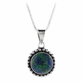 Sterling Silver Genuine Azurite Stone Bali Beaded Circle Pendant by 